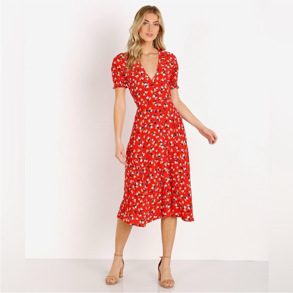 Faithfull the Brand Red and White Ruffled Wrap Midi Dress